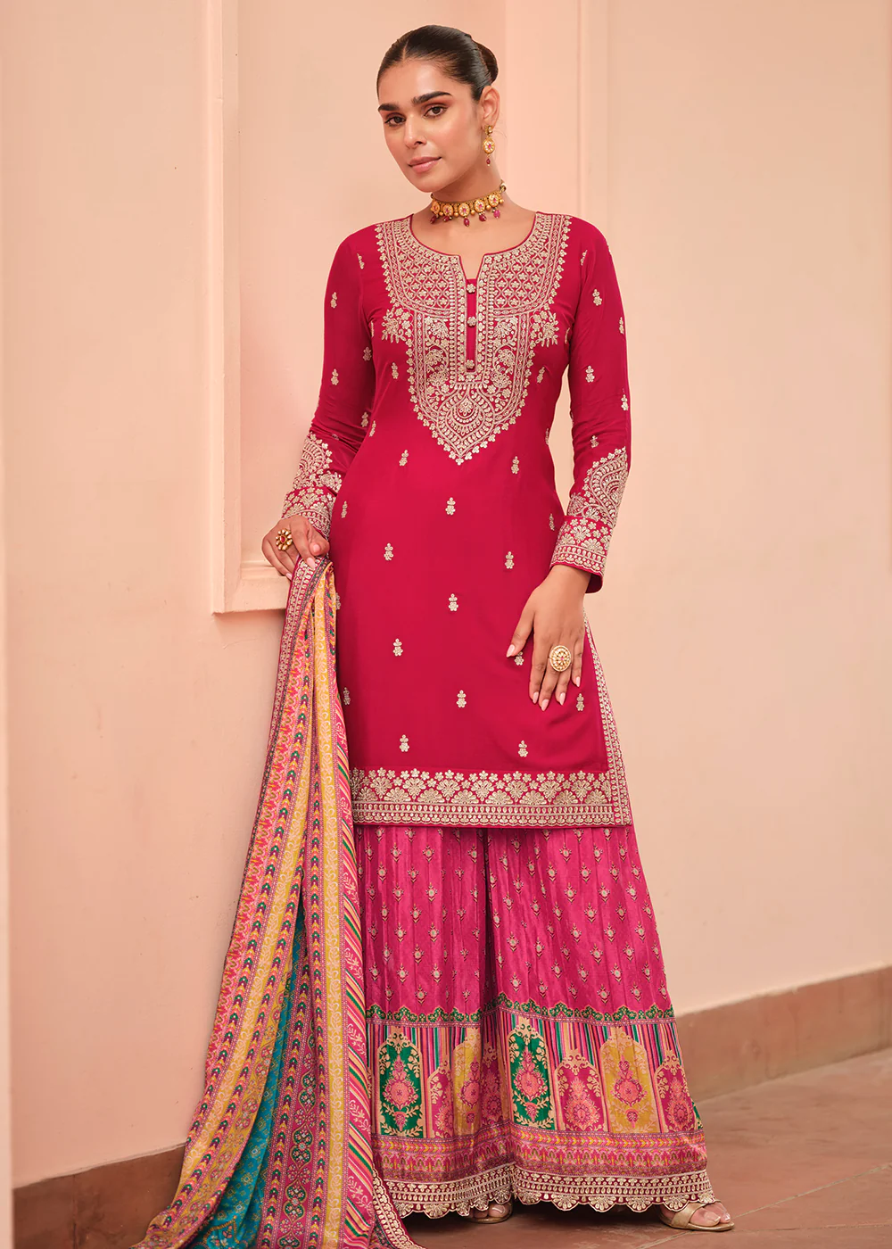 Pink Thread & Sequins with Print Work Festive Palazzo Suit