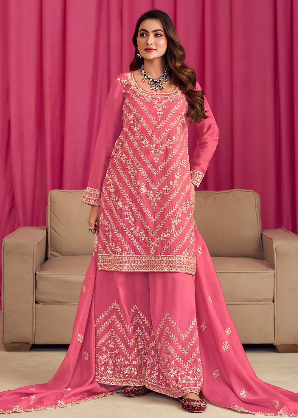 Pink Threads & Diamond Work Festive Palazzo Suit