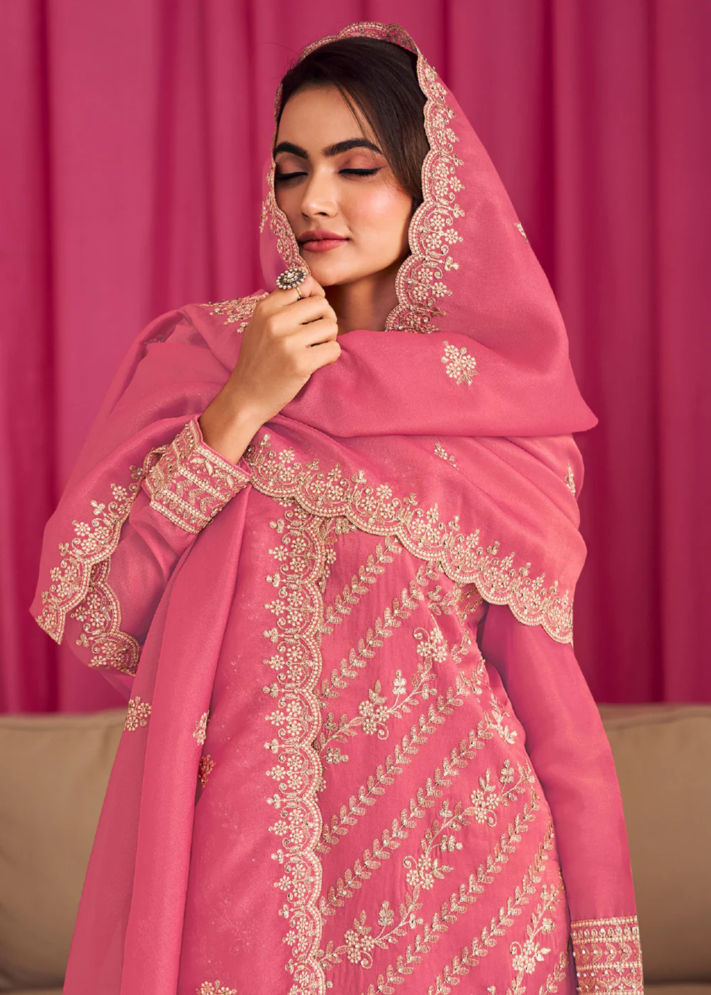 Pink Threads & Diamond Work Festive Palazzo Suit - Image 2