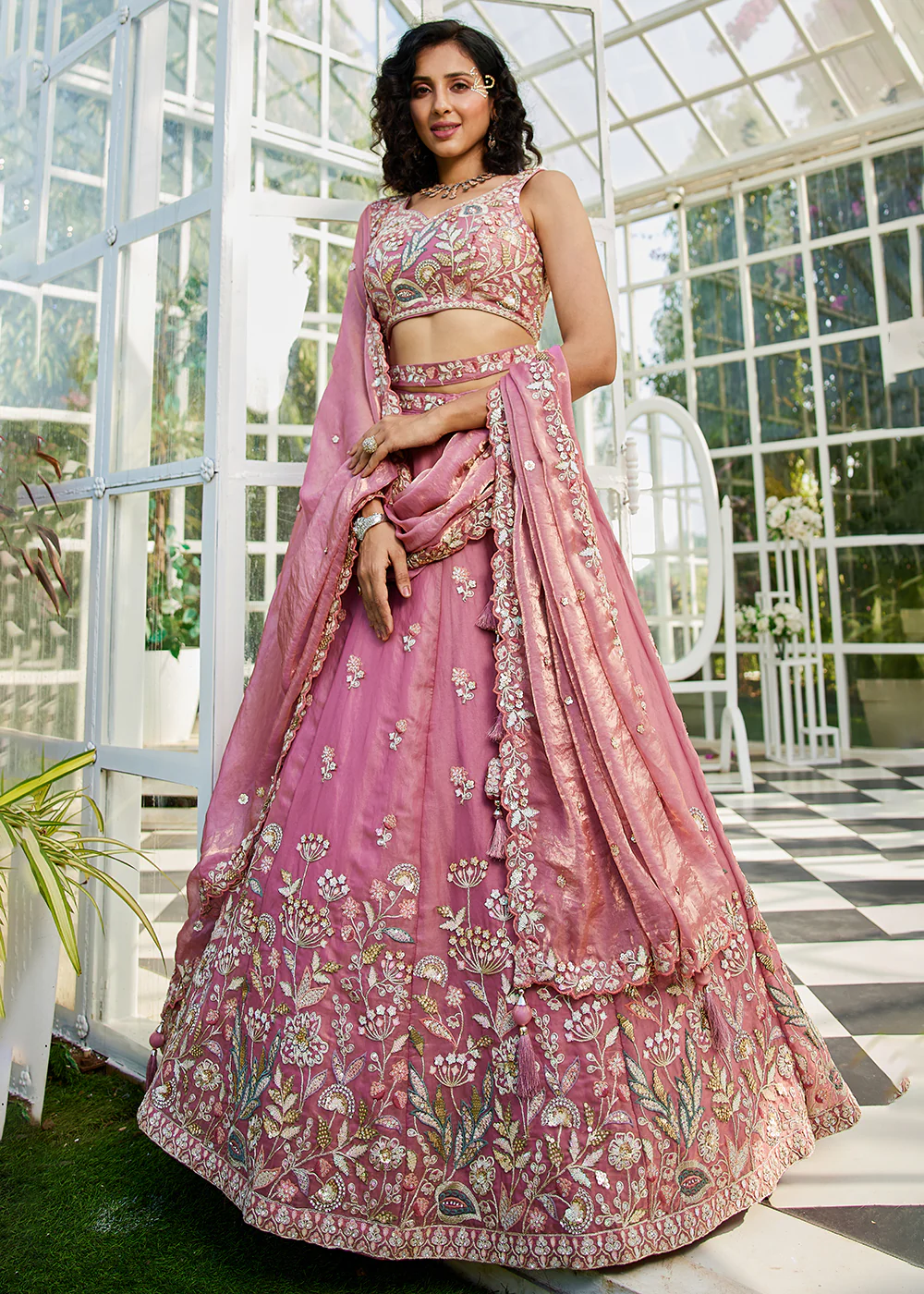 Pink Tissue Fabric Beautifully Embroidered Lehenga Choli