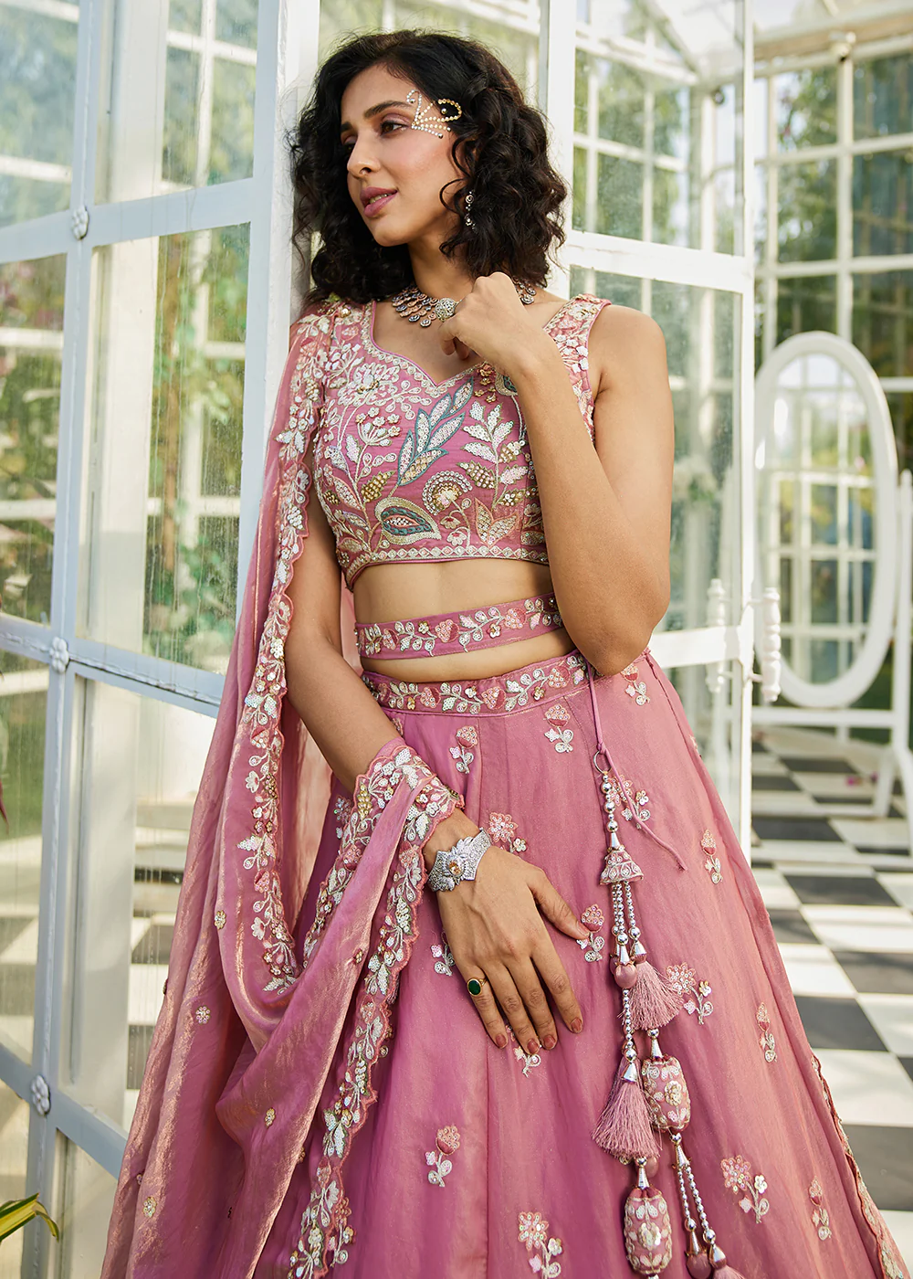 Pink Tissue Fabric Beautifully Embroidered Lehenga Choli - Image 2