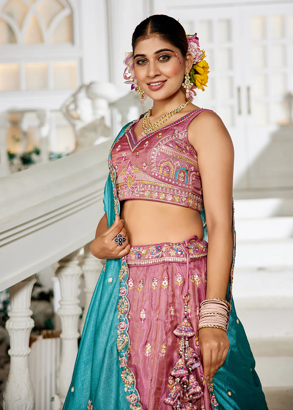 Pink Tissue Fabric Embroidered Reception Lehenga Choli - Image 2