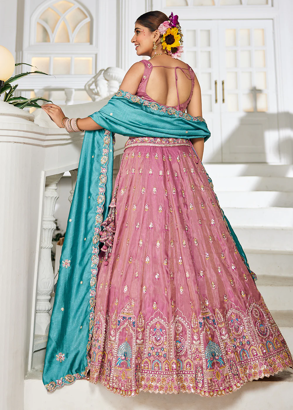 Pink Tissue Fabric Embroidered Reception Lehenga Choli - Image 3