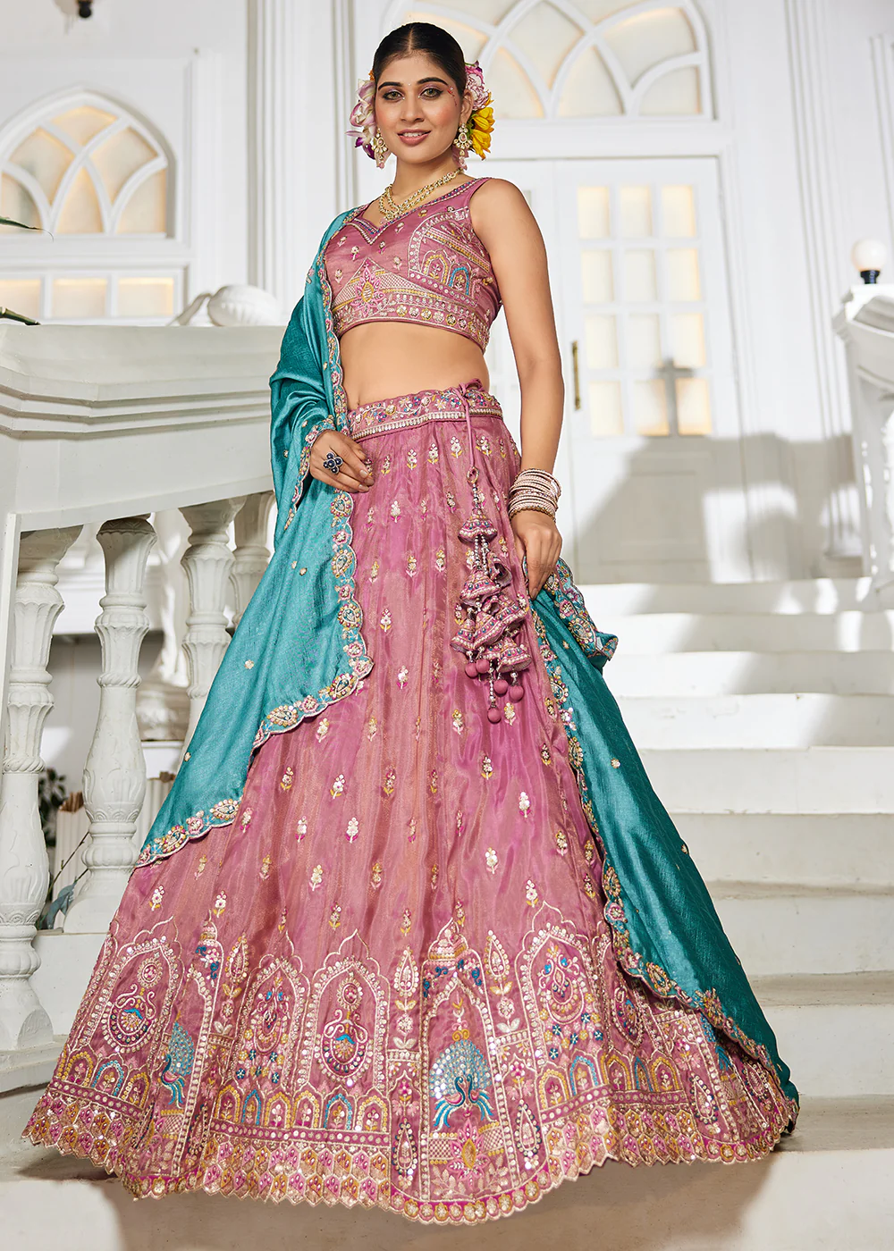 Pink Tissue Fabric Embroidered Reception Lehenga Choli - Image 4