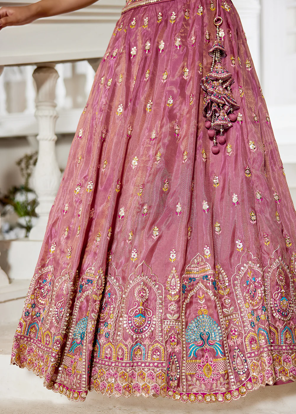 Pink Tissue Fabric Embroidered Reception Lehenga Choli - Image 7