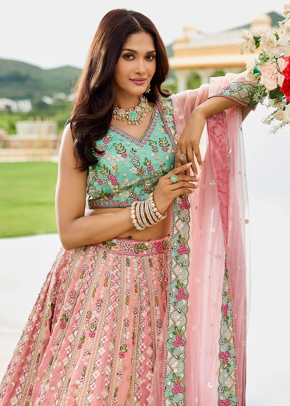 Pink Tissue Fabric Premium Wedding Lehenga Choli - Image 2