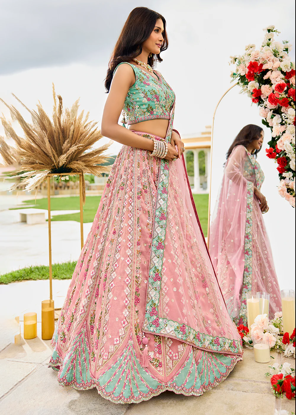 Pink Tissue Fabric Premium Wedding Lehenga Choli - Image 4
