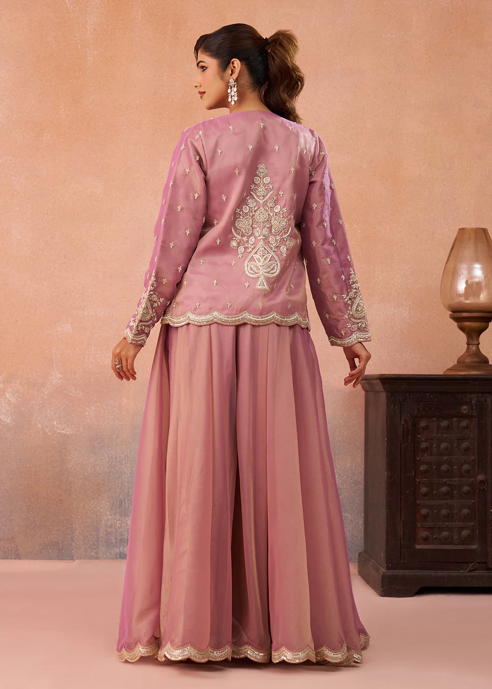 Pink Tissue Indo Western Crop Top with Embroiderd Jacket - Image 3