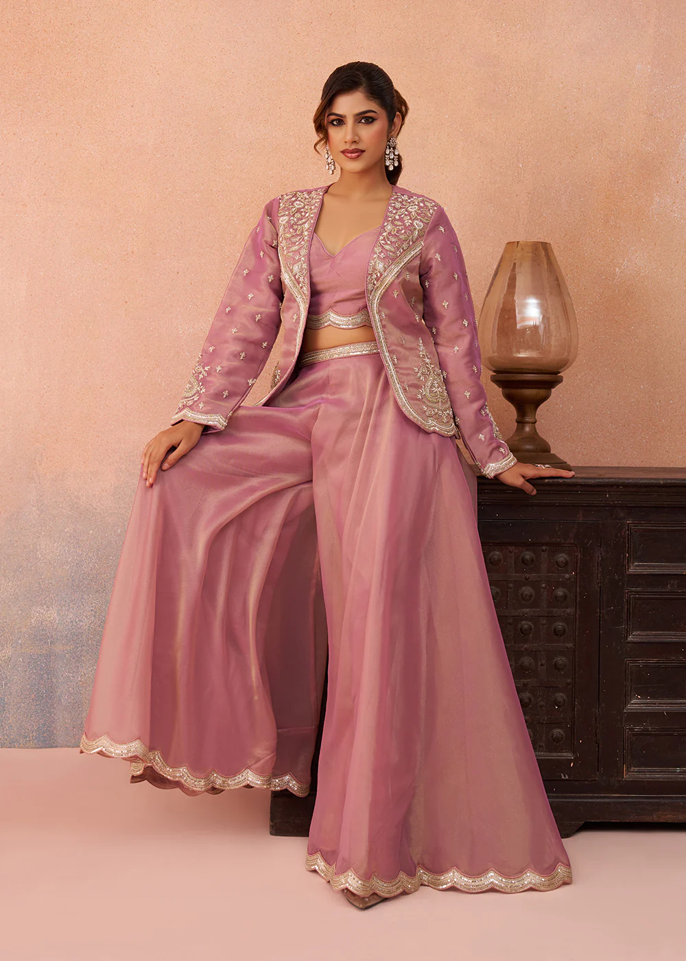 Pink Tissue Indo Western Crop Top with Embroiderd Jacket - Image 4