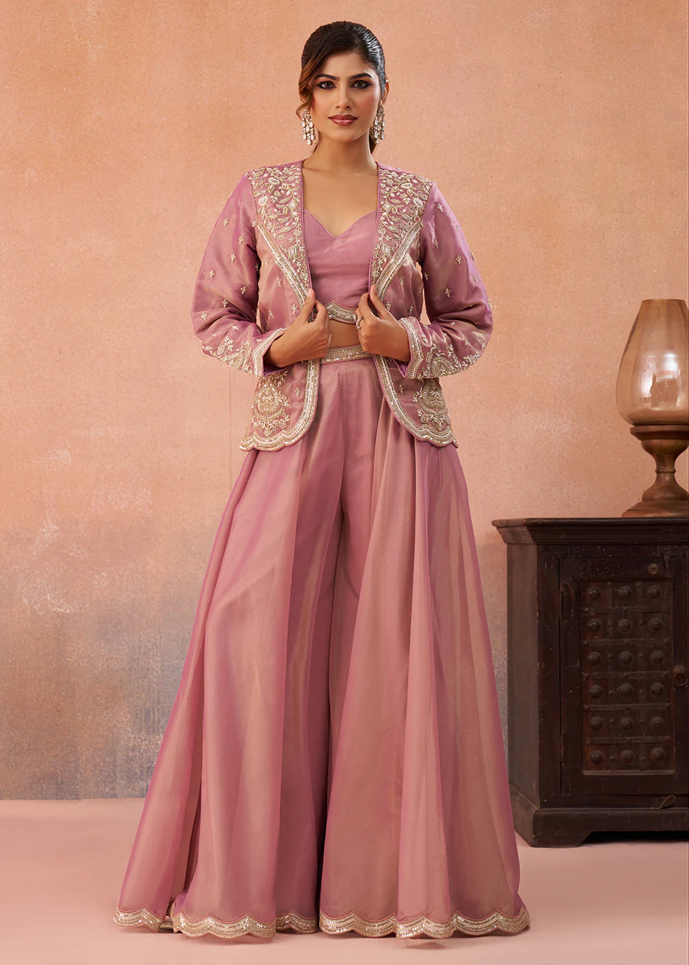 Pink Tissue Indo Western Crop Top with Embroiderd Jacket - Image 5