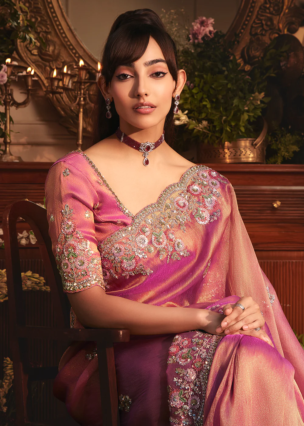 Pink Tissue Organza Silk Embroidered Designer Saree - Image 2