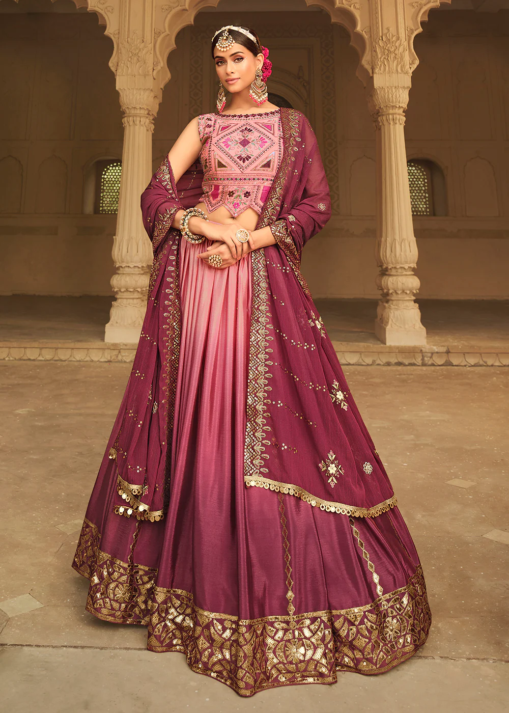 Pink to Magenta Multi Color Sequins Festive Lehenga Choli