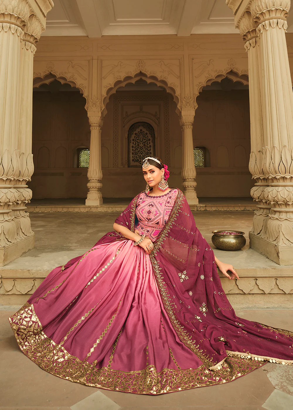 Pink to Magenta Multi Color Sequins Festive Lehenga Choli - Image 3