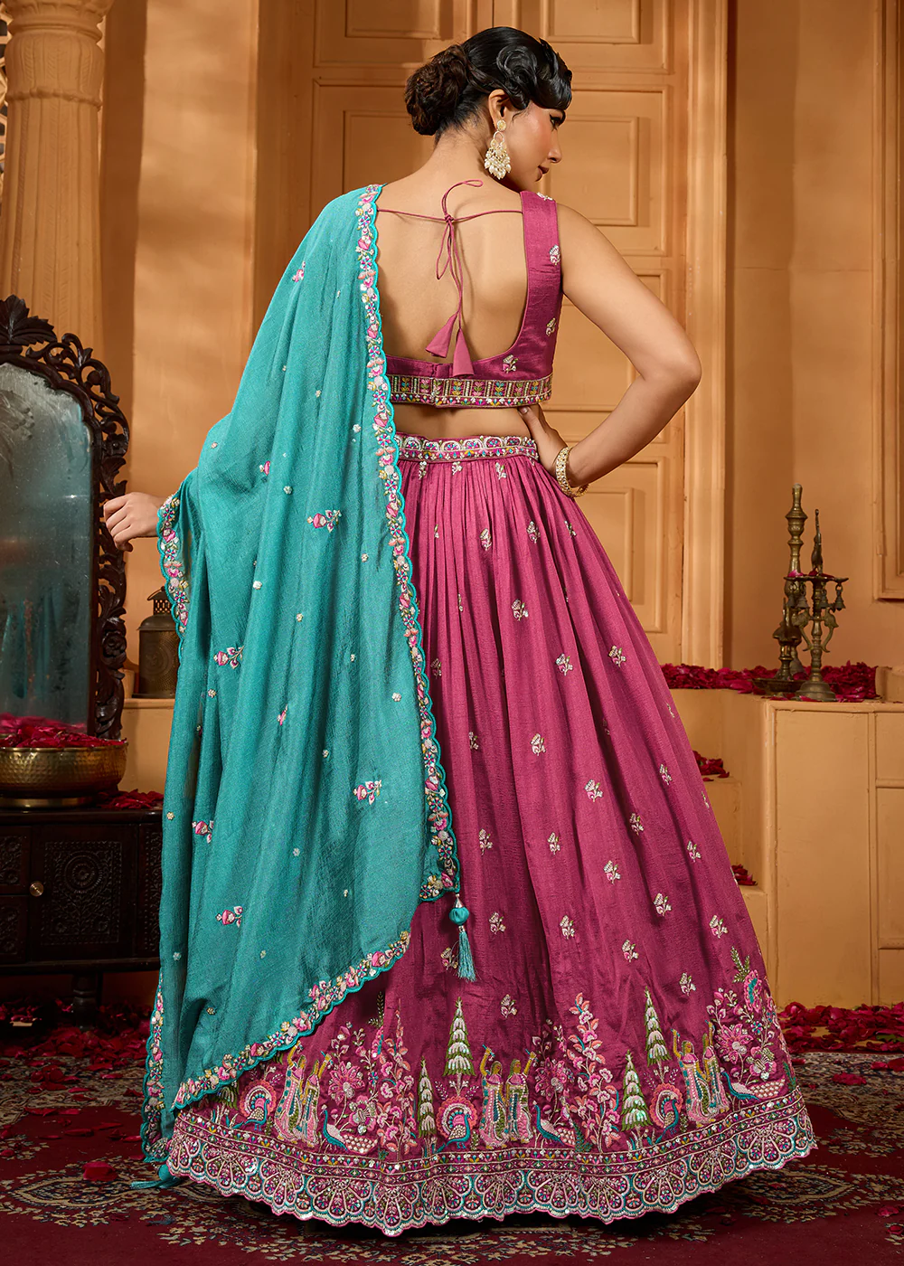 Pink Vichitra Silk Embroidered Festive Lehenga Choli - Image 3