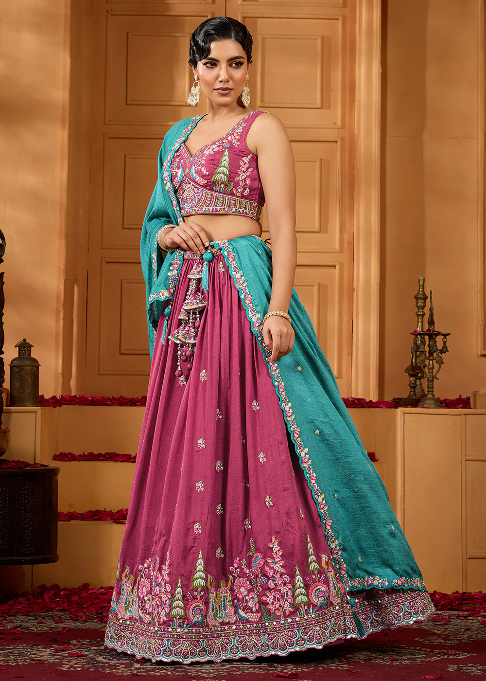 Pink Vichitra Silk Embroidered Festive Lehenga Choli - Image 4