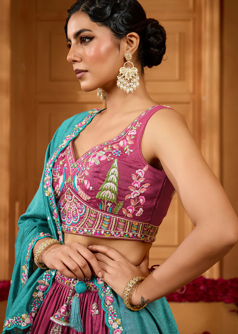 Pink Vichitra Silk Embroidered Festive Lehenga Choli - Image 5