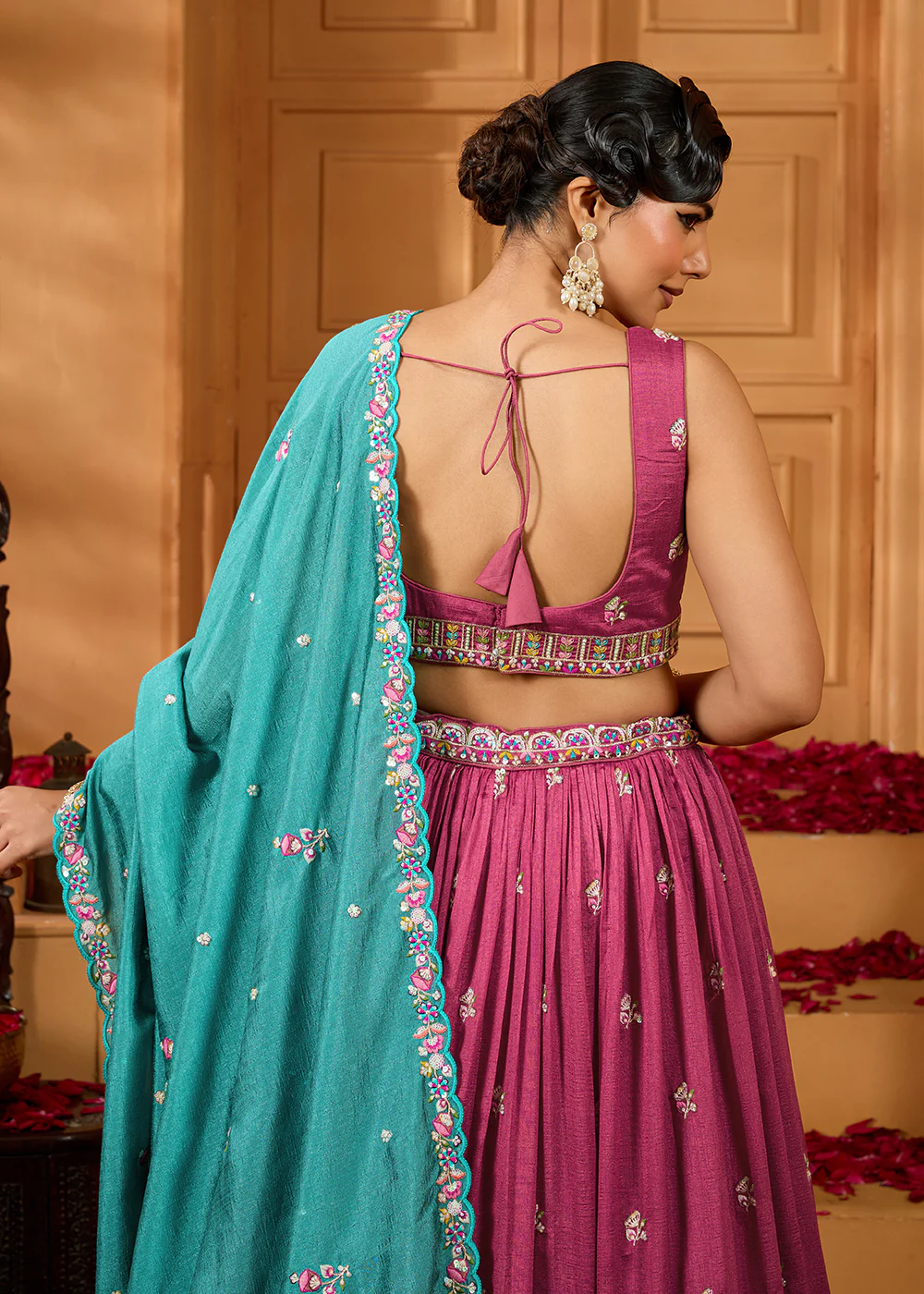 Pink Vichitra Silk Embroidered Festive Lehenga Choli - Image 6