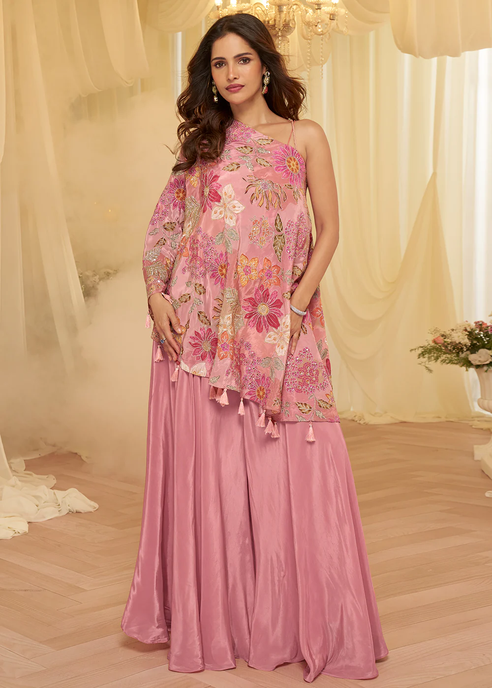 Pink Viscose Crepe Stylist Indo Western Palazzo Dress - Image 4