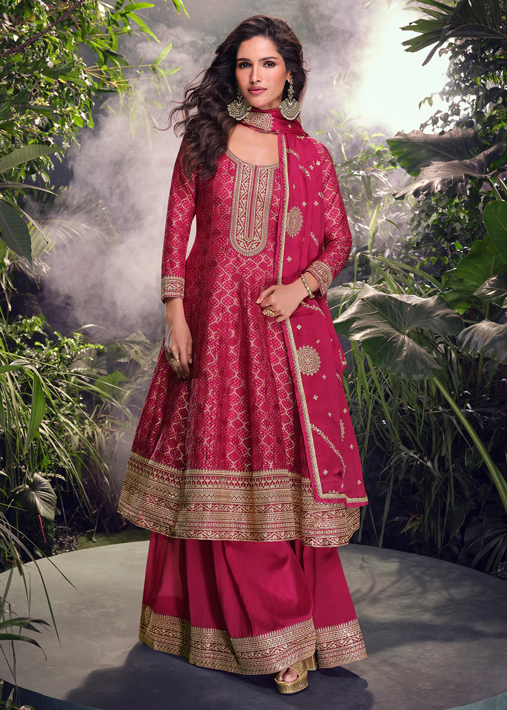 Pink Viscose Jacquard Silk Wedding Festive Palazzo Suit