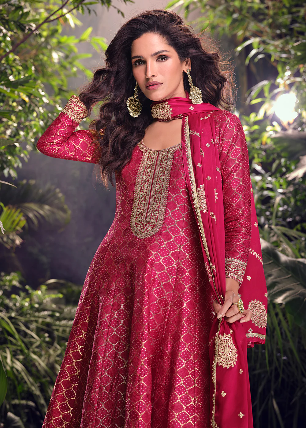 Pink Viscose Jacquard Silk Wedding Festive Palazzo Suit - Image 2