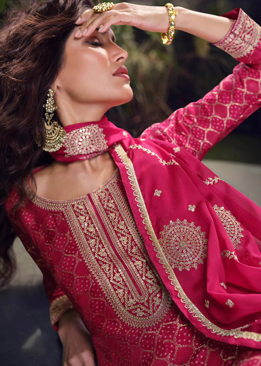 Pink Viscose Jacquard Silk Wedding Festive Palazzo Suit - Image 4