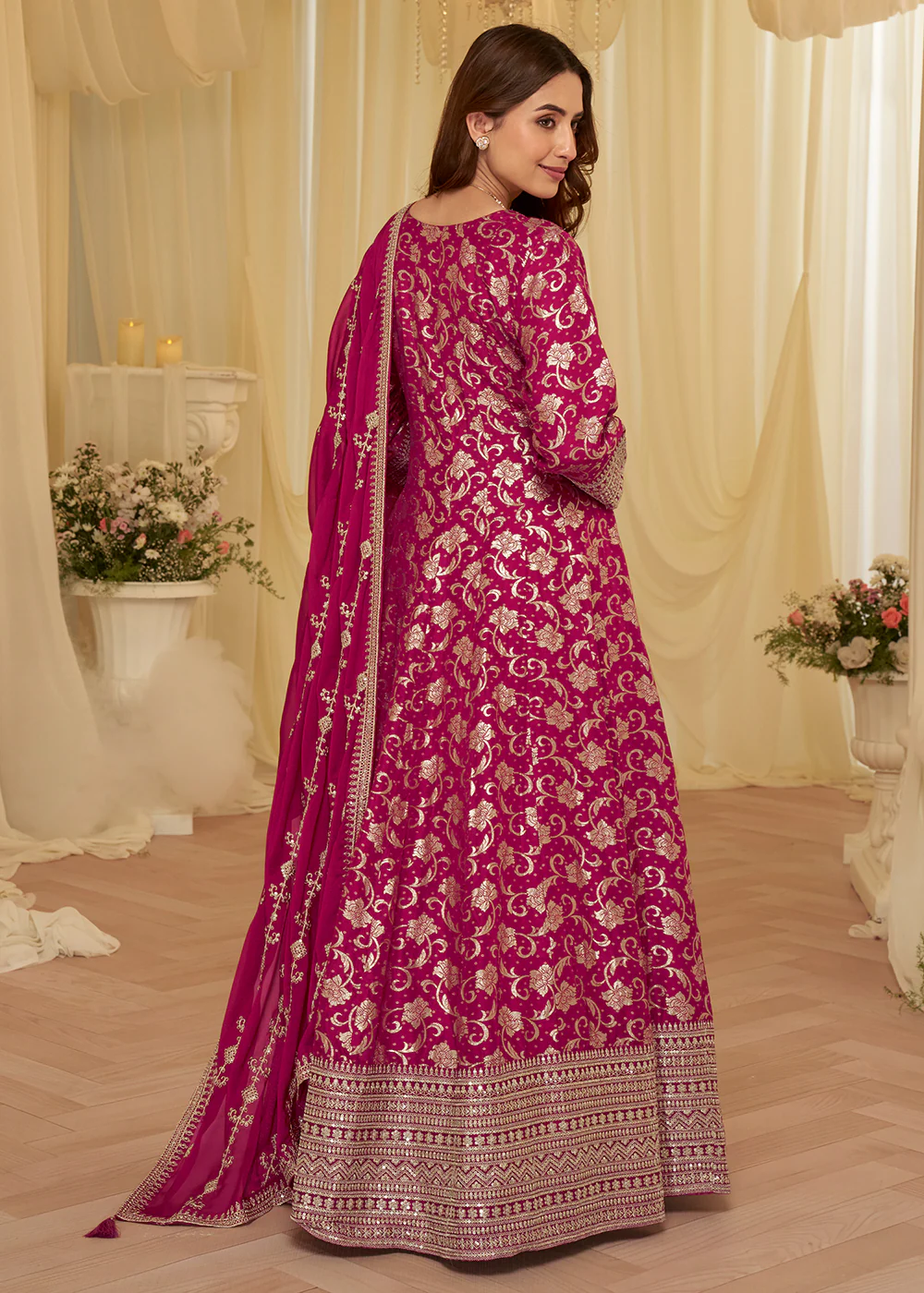 Pink Viscose Jacquard Silk With Embroidery Work Anarkali Suit - Image 3