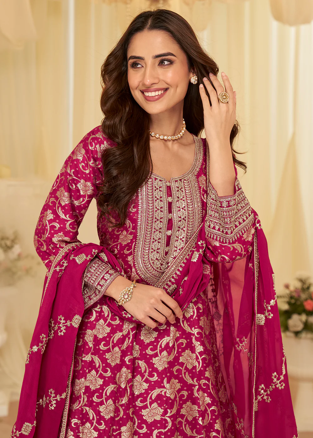 Pink Viscose Jacquard Silk With Embroidery Work Anarkali Suit - Image 4