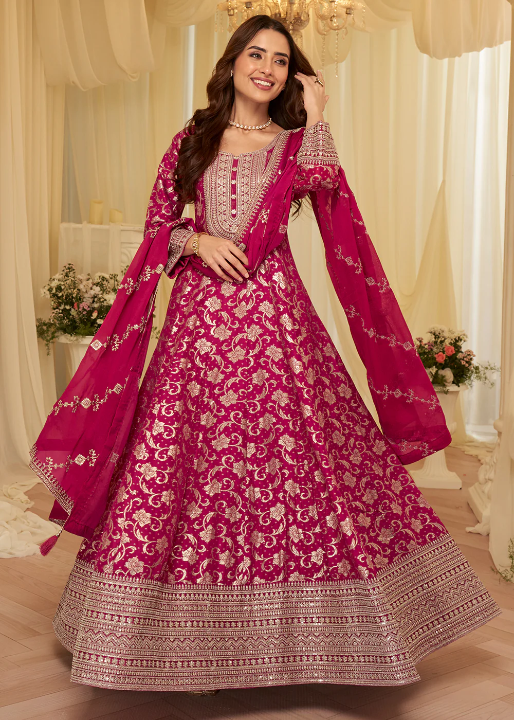 Pink Viscose Jacquard Silk With Embroidery Work Anarkali Suit - Image 5