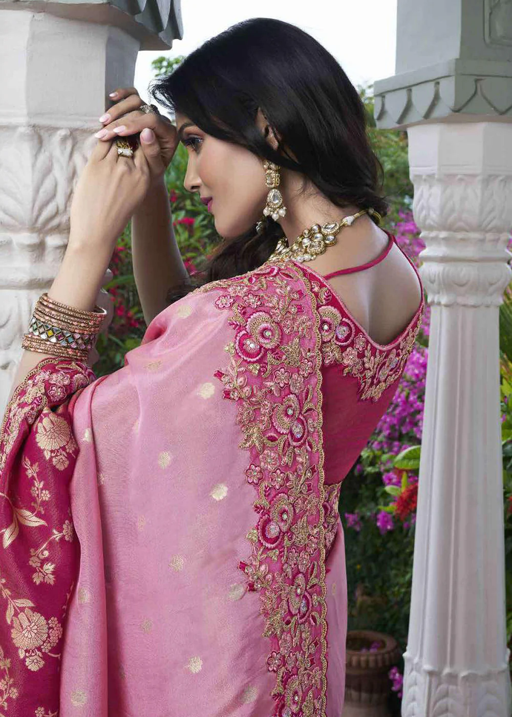 Pink Viscose Silk Embroidered Designer Wedding Saree - Image 3