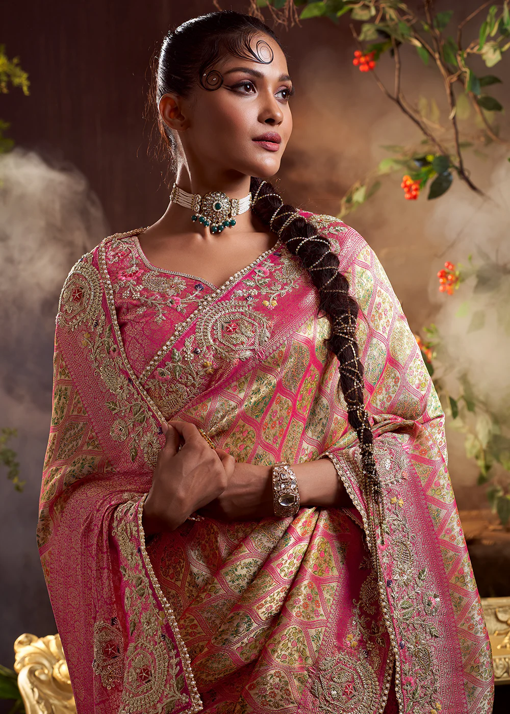 Pink Viscose Silk Heavy Embroidered Wedding Saree - Image 2