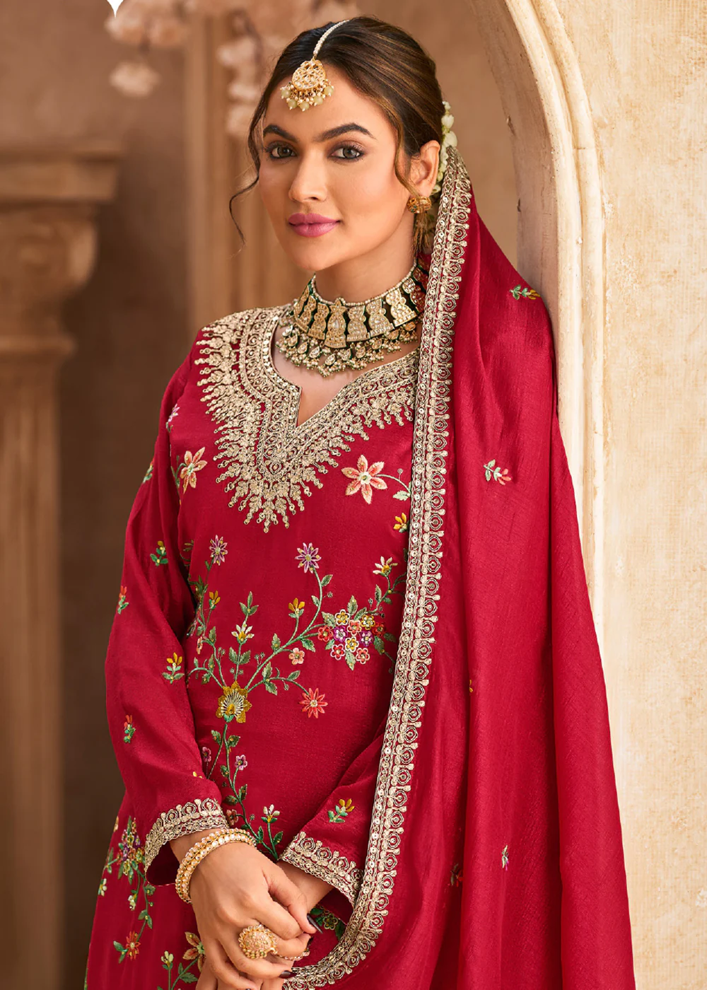 Pink Wedding Festive Embroidered Palazzo Suit - Image 3