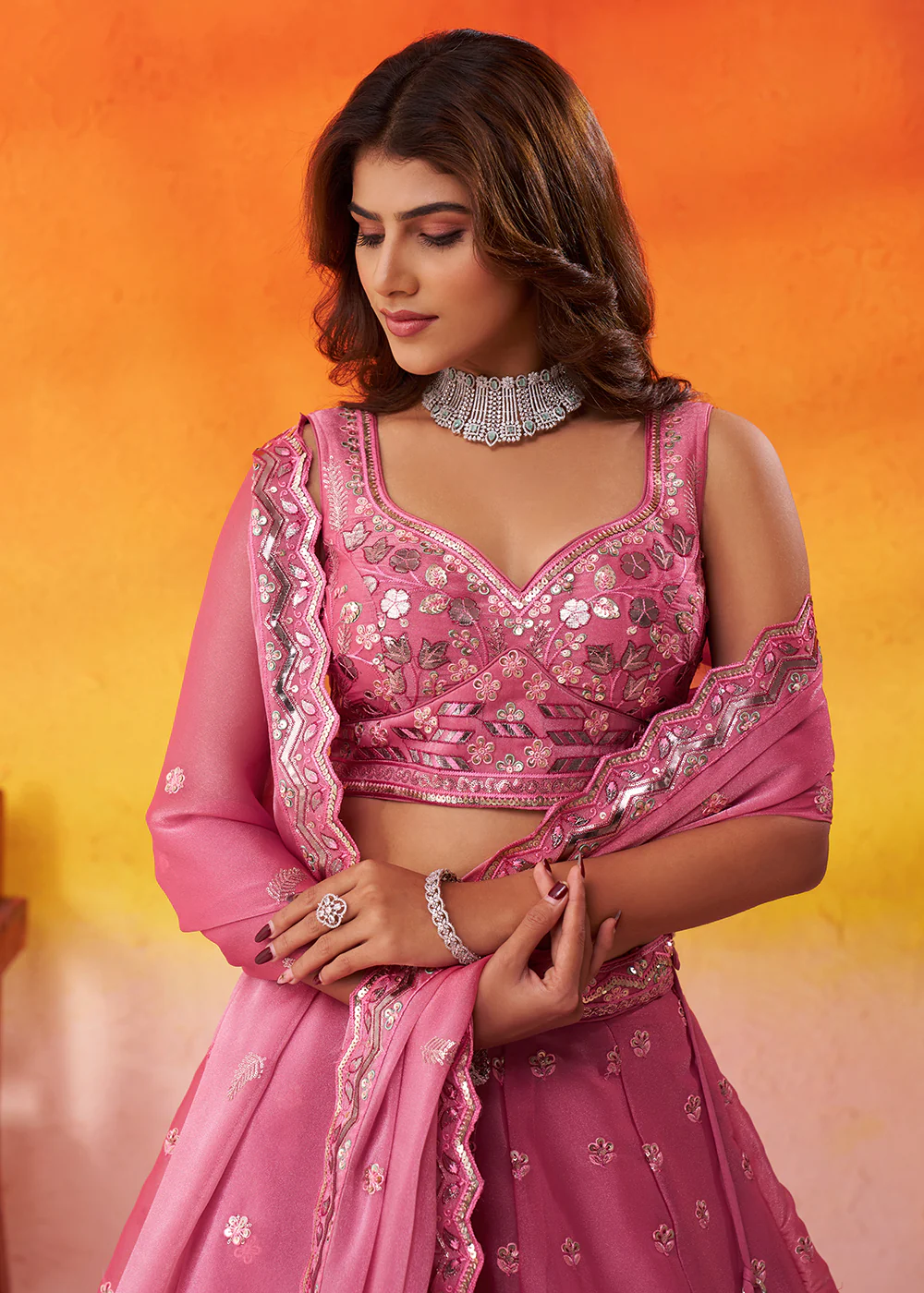 Pink Wedding Function Style Organza Lehenga Choli - Image 2