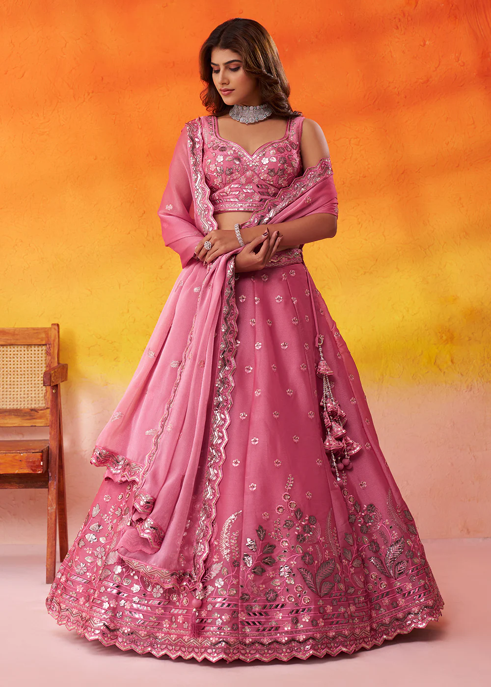 Pink Wedding Function Style Organza Lehenga Choli - Image 4