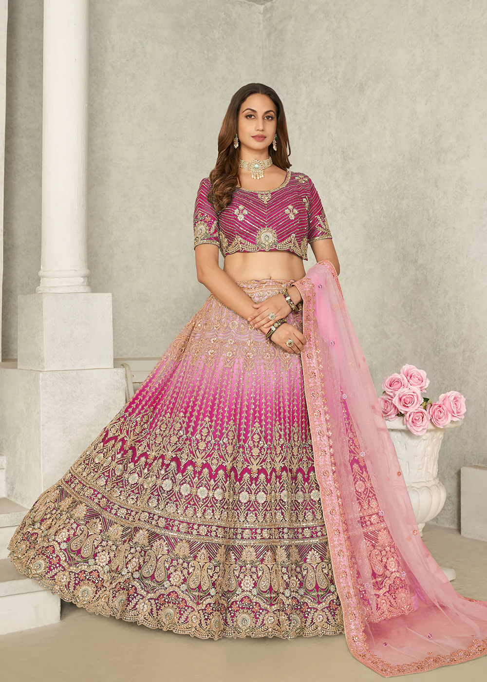 Pink Wedding Style Embroidered A Line Lehenga Choli - Image 4