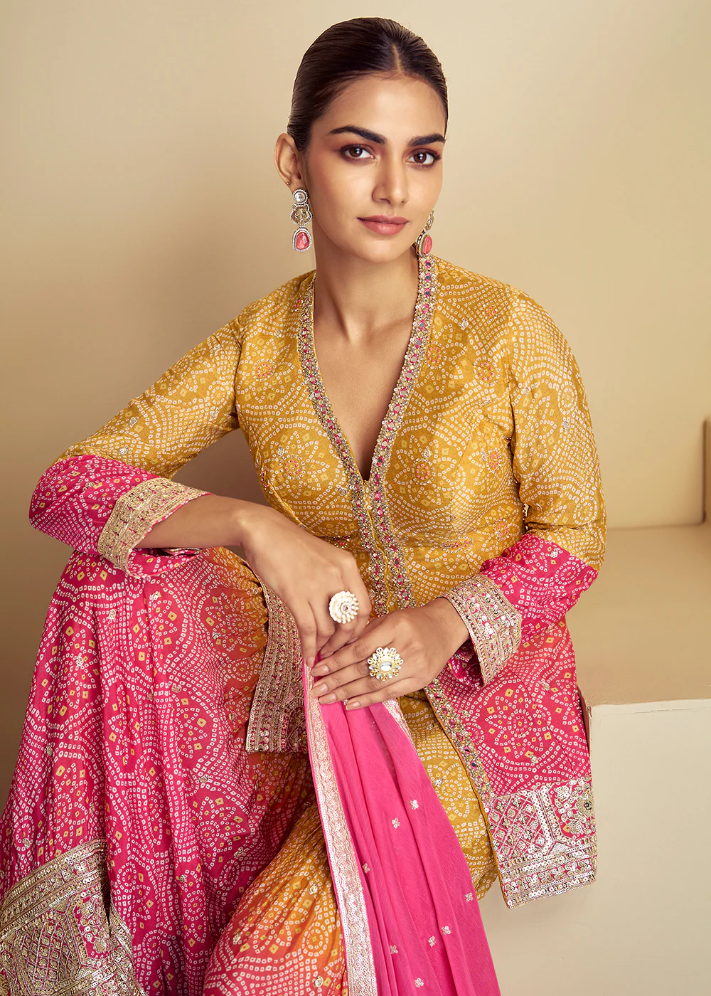 Pink & Yellow Ombre Kurti Style Gharara Style Suit - Image 3