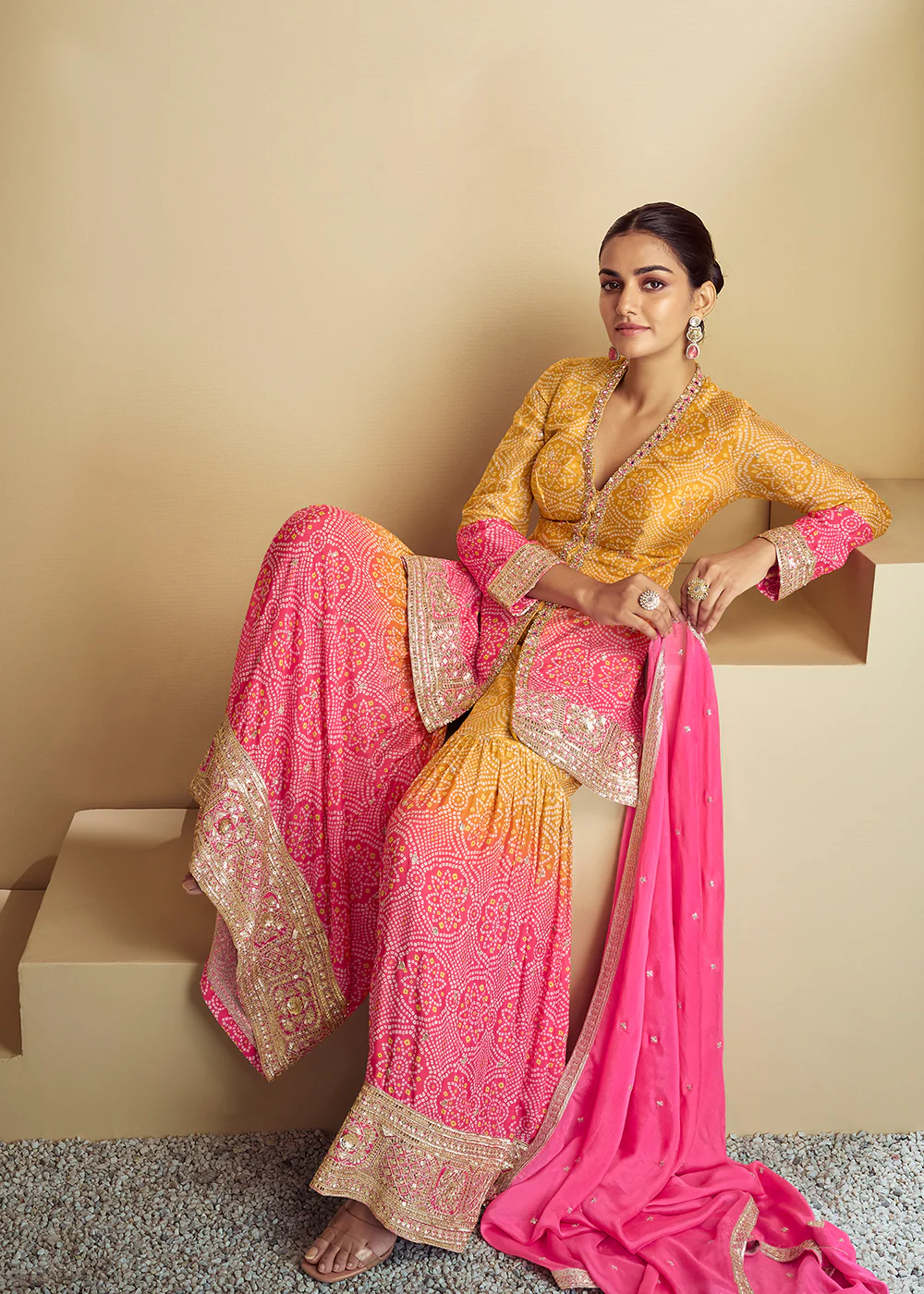 Pink & Yellow Ombre Kurti Style Gharara Style Suit - Image 4