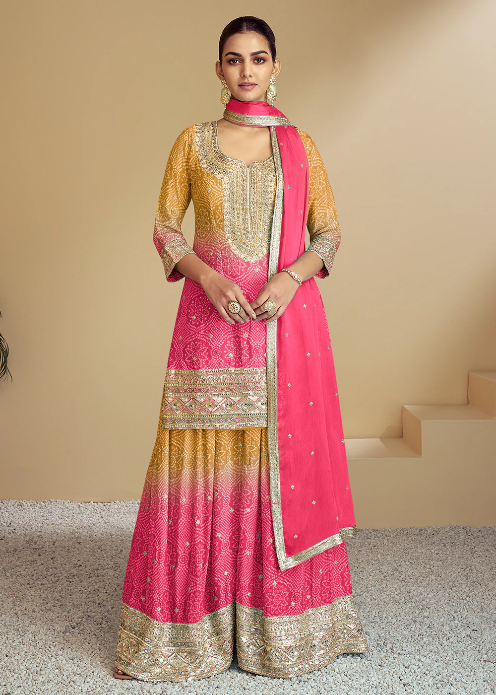 Pink & Yellow Ombre Kurti Style Palazzo Style Suit