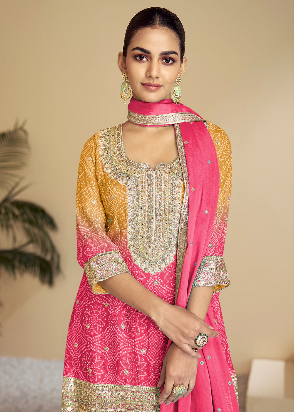 Pink & Yellow Ombre Kurti Style Palazzo Style Suit - Image 2