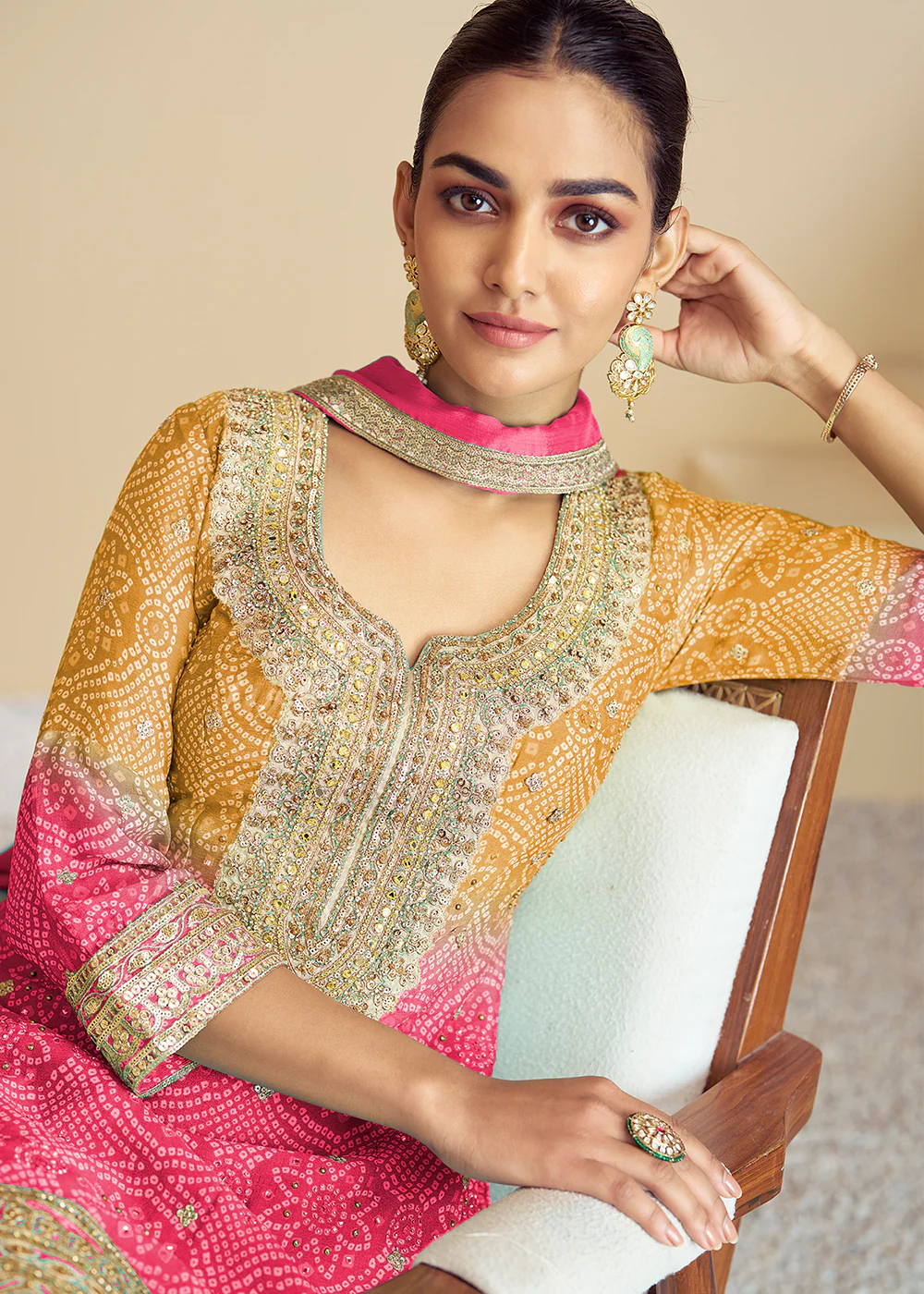 Pink & Yellow Ombre Kurti Style Palazzo Style Suit - Image 3