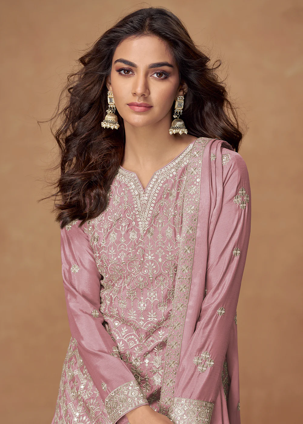 Pink Zari Embroidered Wedding Wear Palazzo Suit - Image 2