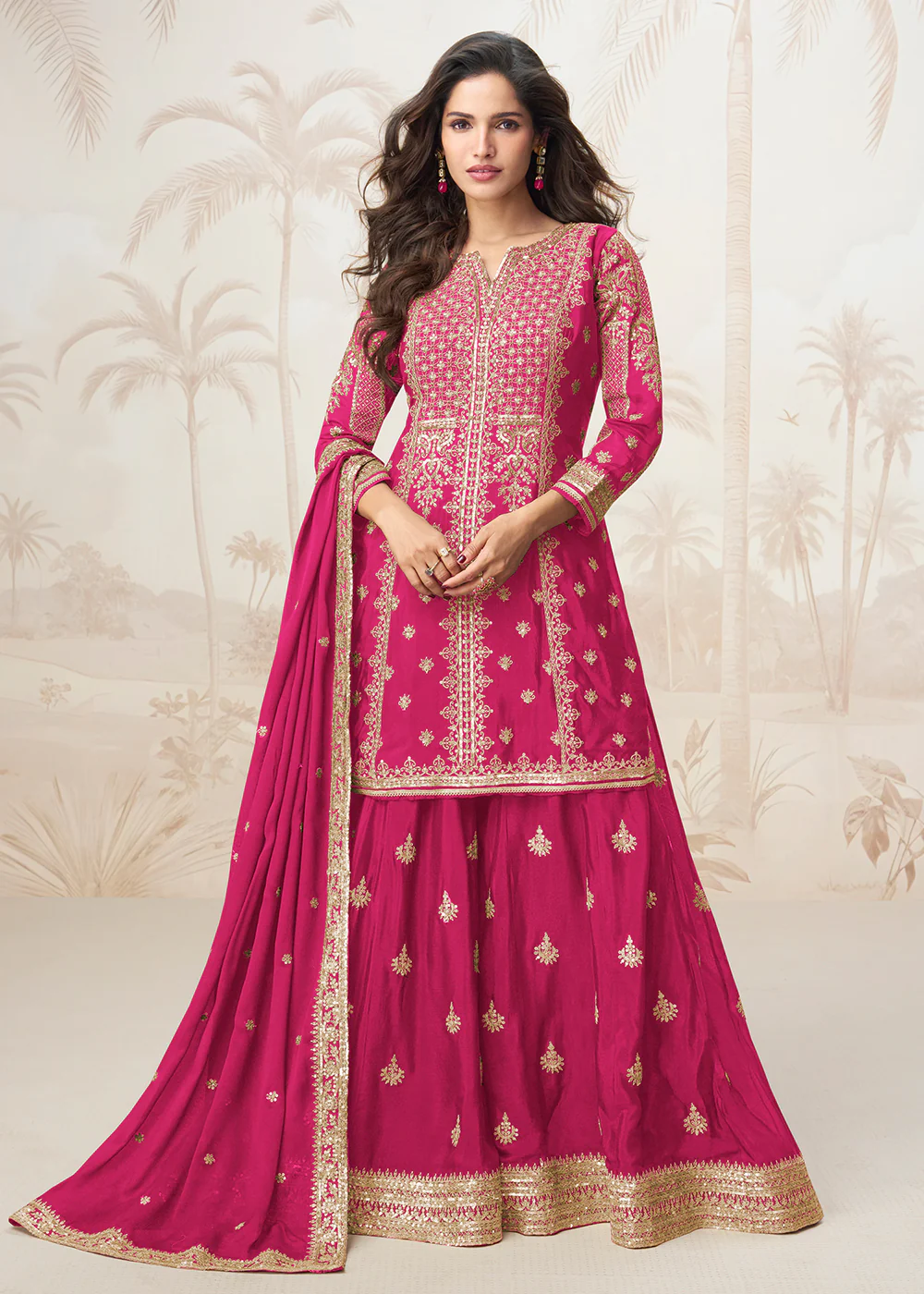 Pink Zari & Sequins Work Wedding Party Palazzo Suit