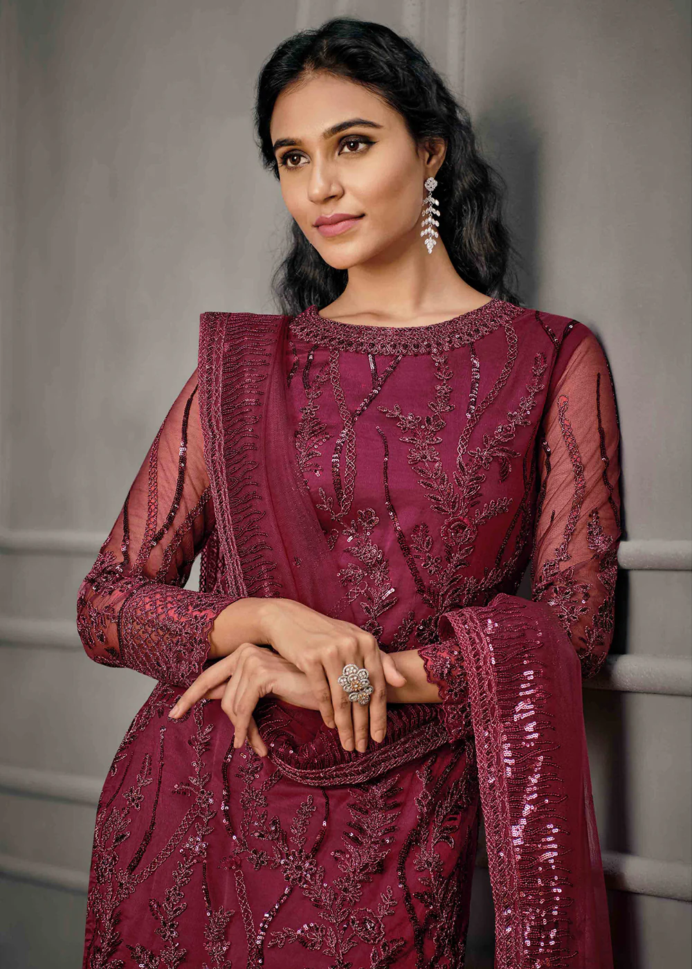 Pinkish Maroon Wedding Wear Net Embroidered Salwar Suit - Image 2