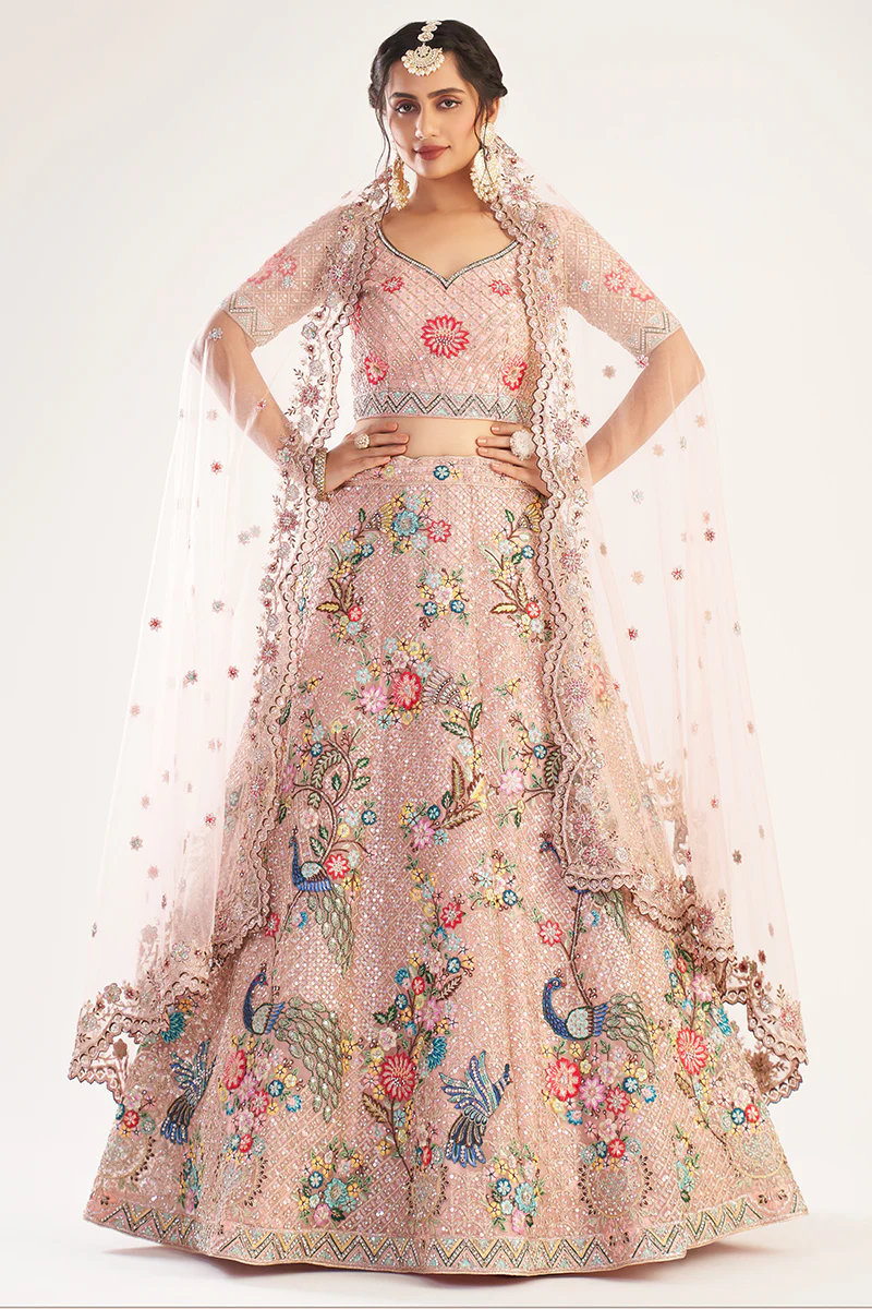 Pinkish Peach Designer Bridal Heavy Embroidered Lehenga Choli