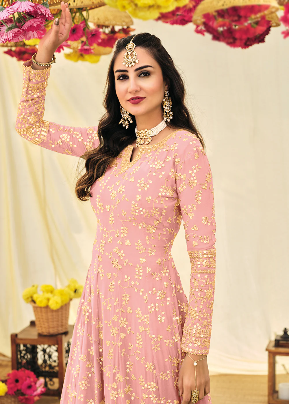 Pinkish Peach Embroidered Georgette Anarkali Suit - Image 4