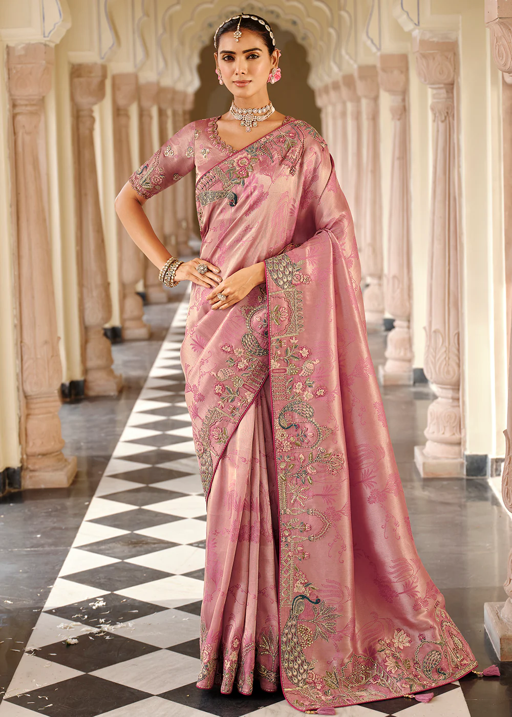Pinkish Peach Traditional Embroidered Designer Saree