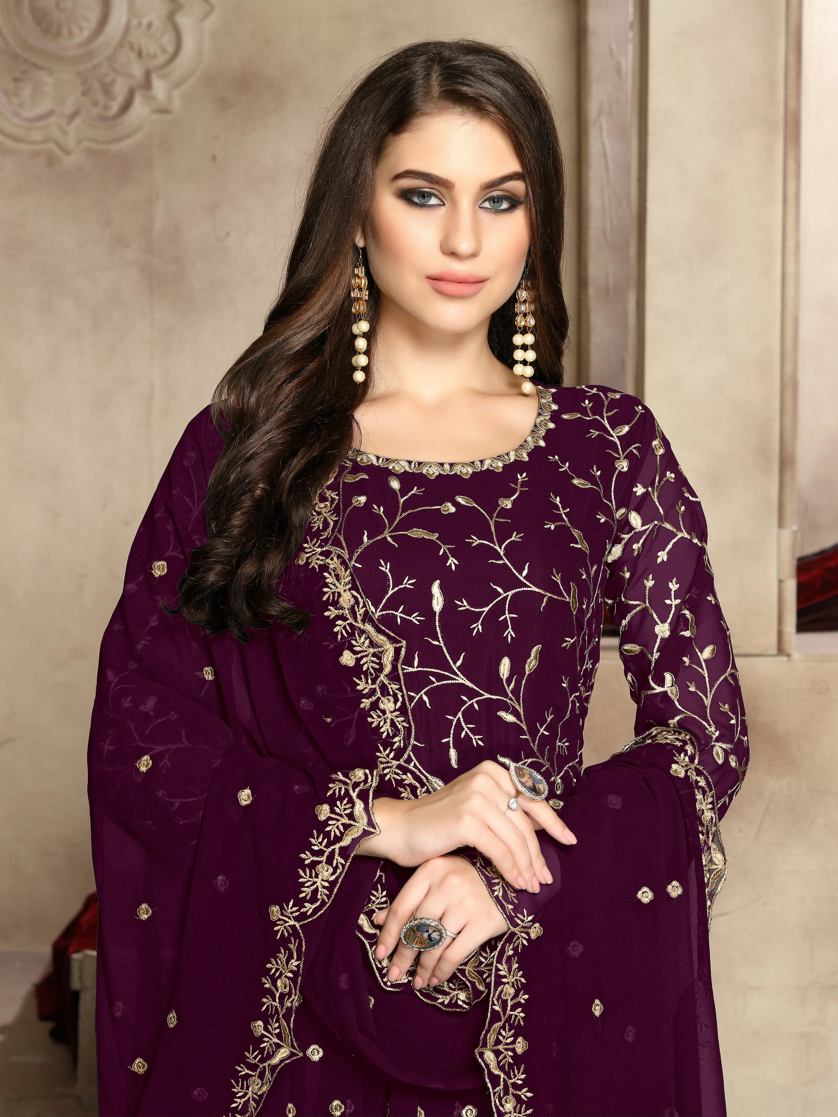 Pinkish Purple Heavy Embroidered Georgette Anarkali Suit - Image 2