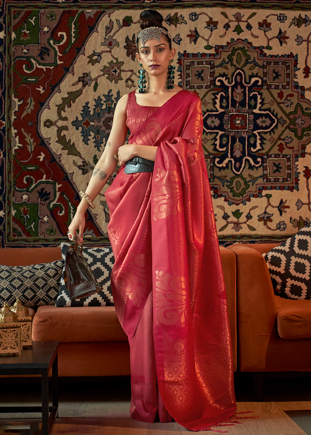 Pinkish Red Blended Woven Zari Brocade Silk Saree