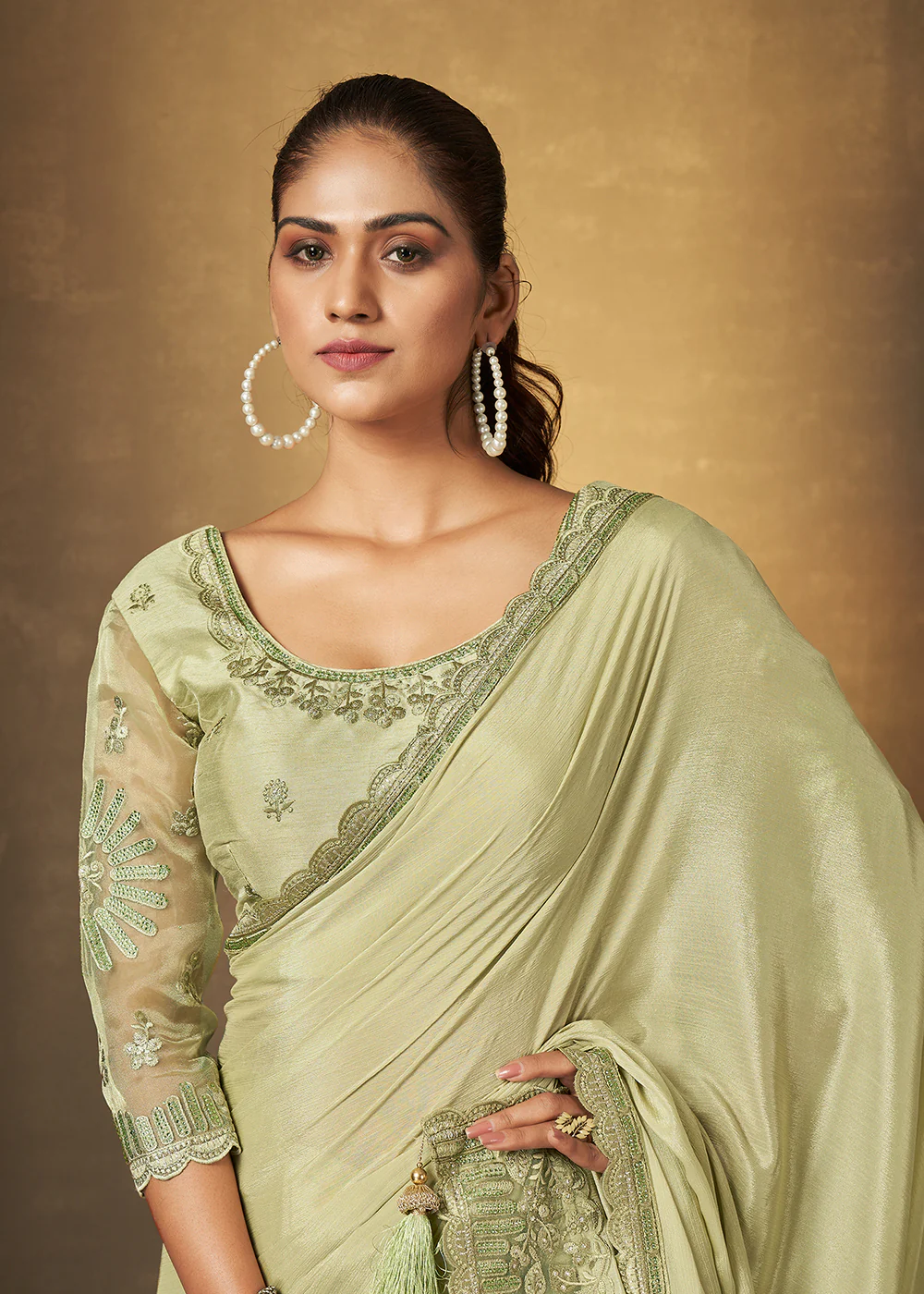 Pista Green Chinnon Chiffon Embroidered Designer Saree - Image 2