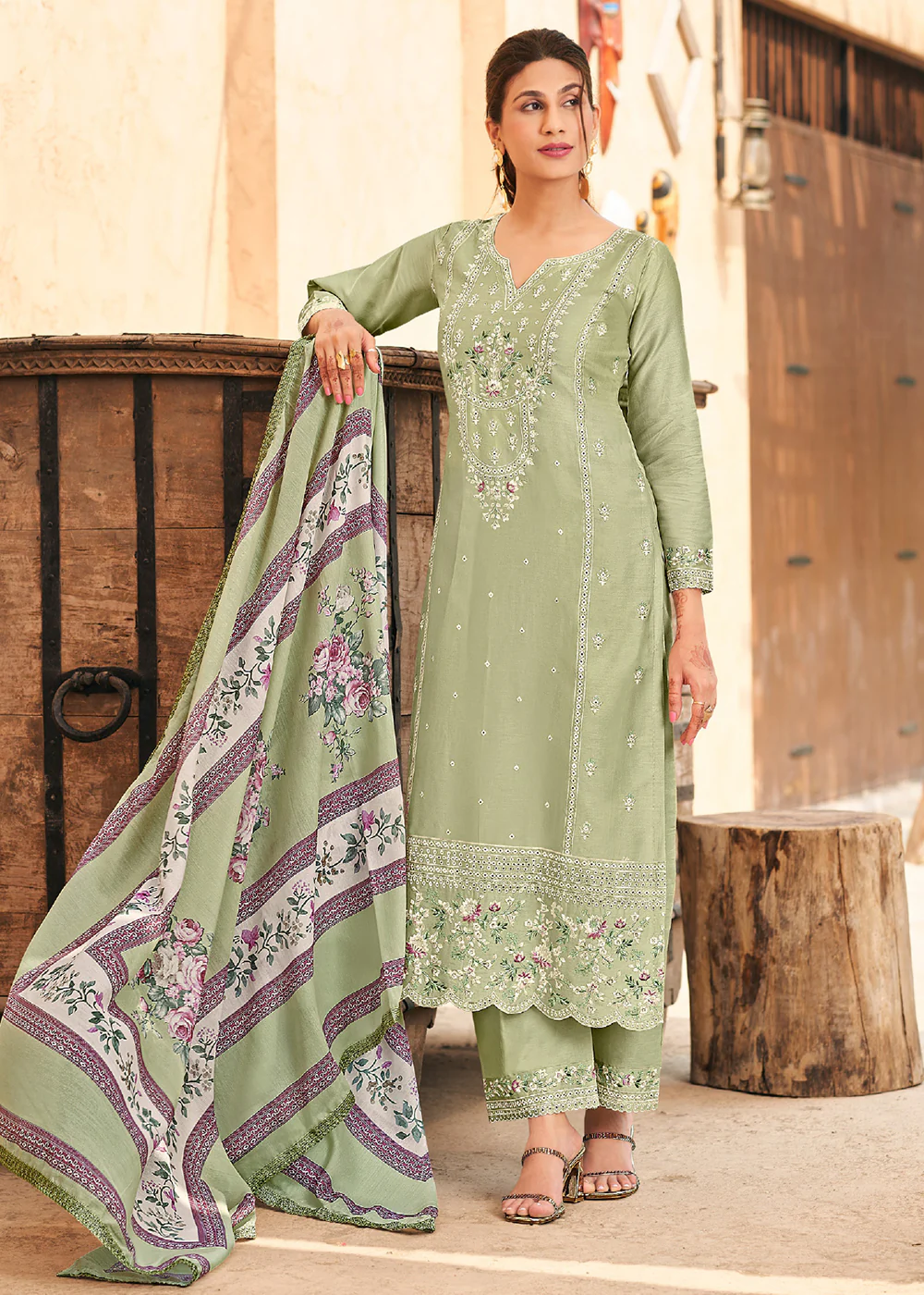 Pista Green Cotton Embroidered Festive Salwar Suit