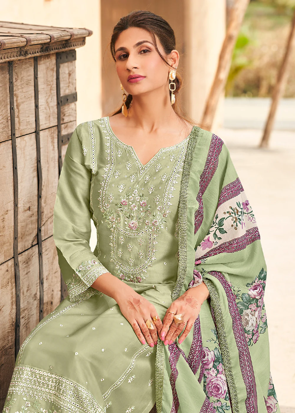 Pista Green Cotton Embroidered Festive Salwar Suit - Image 2